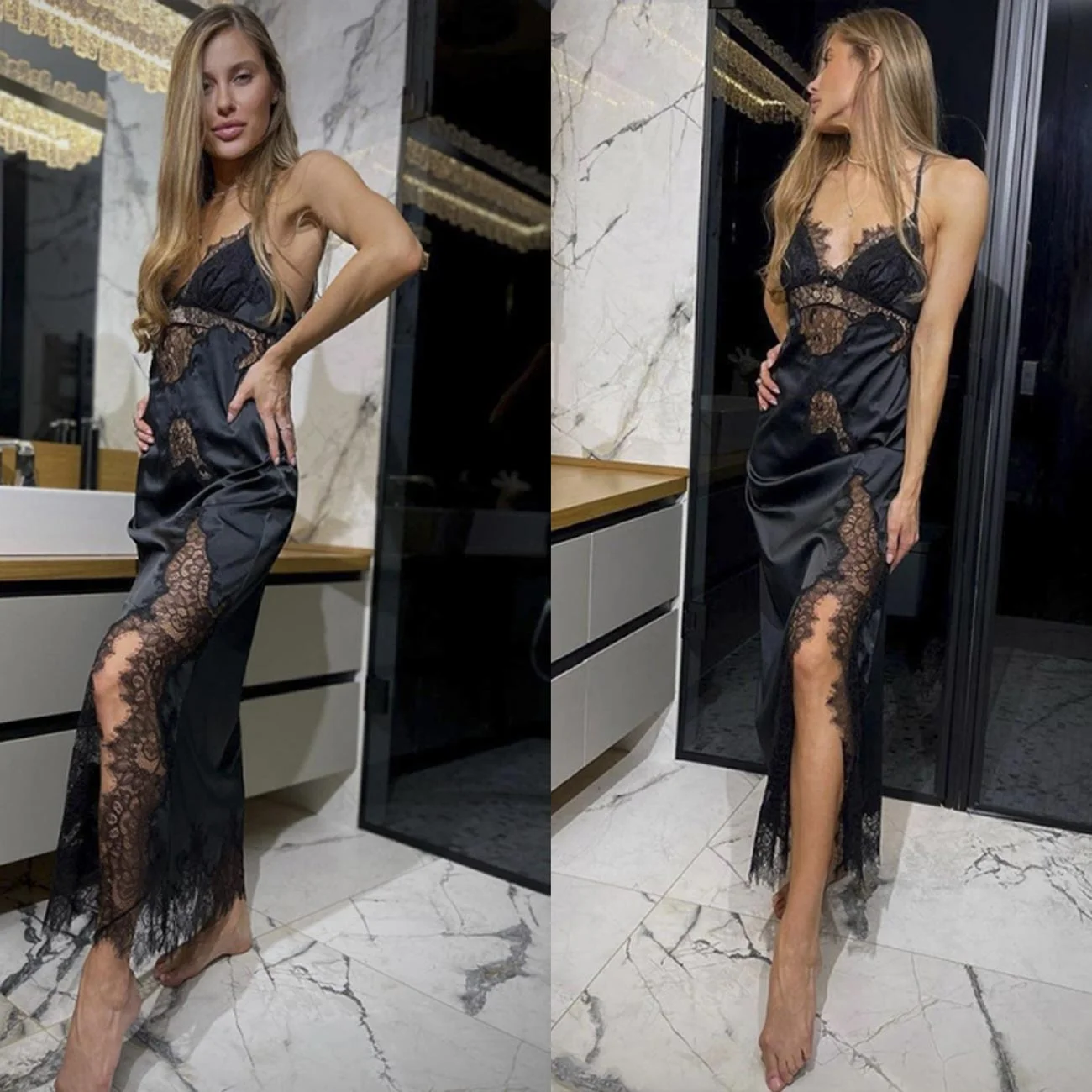 Довга шовкова сорочка Felena - Black Onyx - Зображення 7